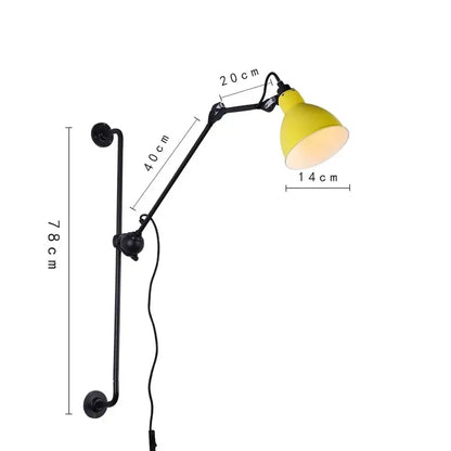 Yellow industrial wall lamp with black articulated arms and matte finish decorbites adjustable rotating led for bedroom decor