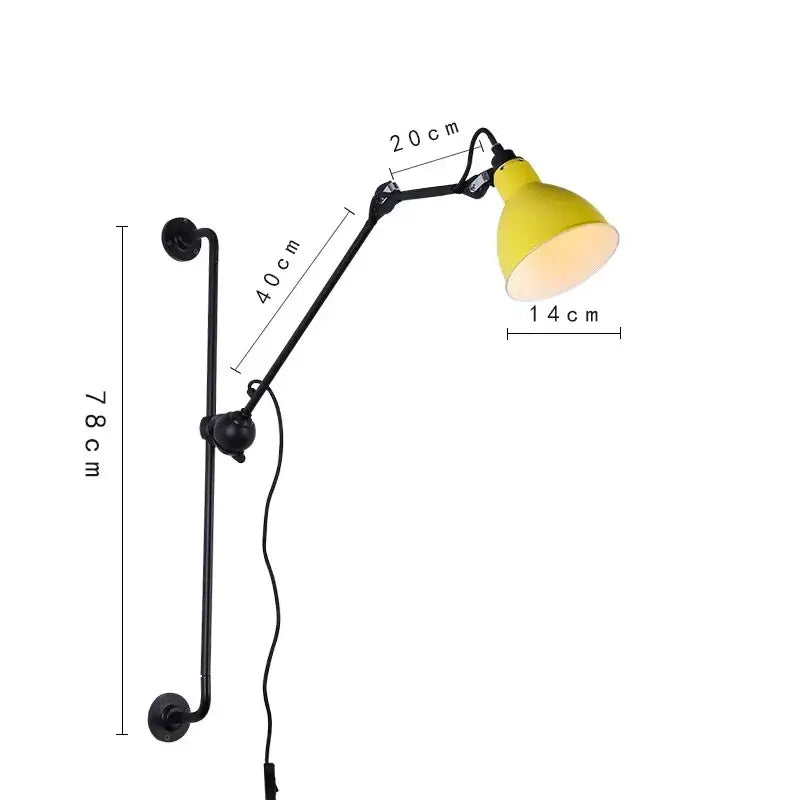 Yellow industrial wall lamp with black articulated arms and matte finish decorbites adjustable rotating led for bedroom decor