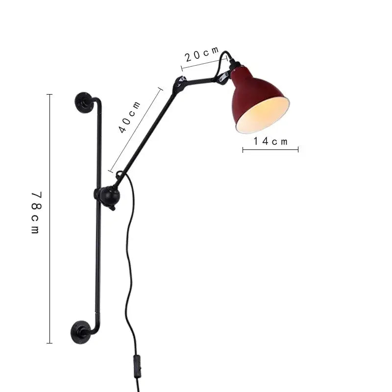 A sleek black wall lamp with a vibrant red bell-shaped shade decorbites adjustable rotating led for bedroom decor