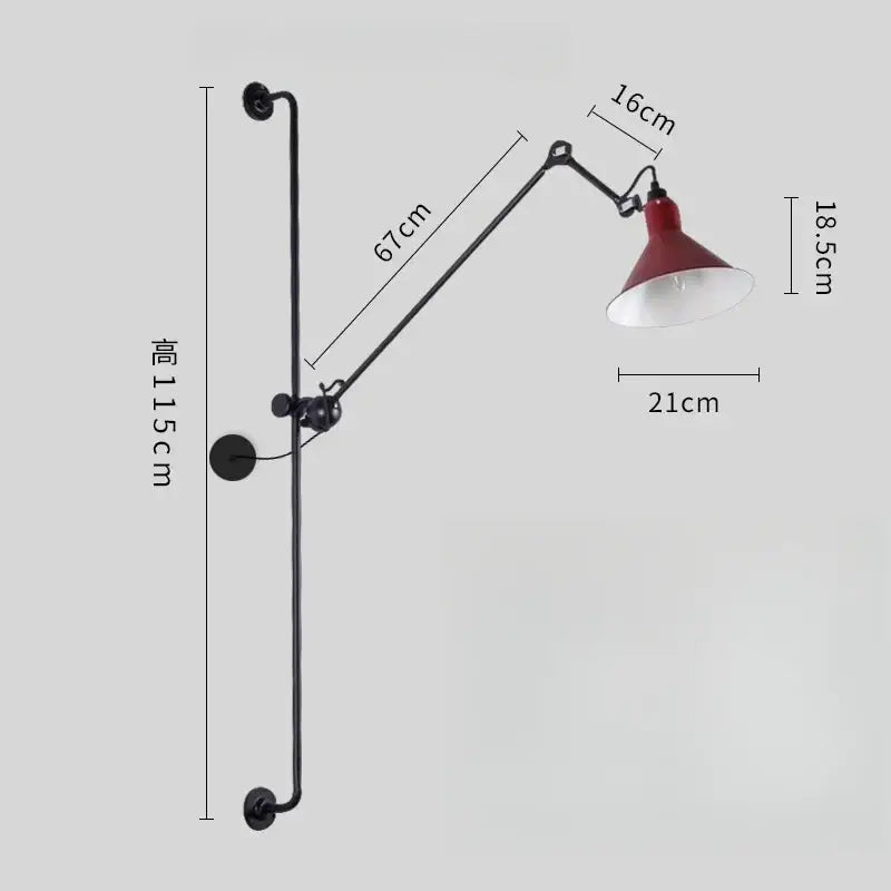 Industrial black and red decorbites adjustable rotating led wall lamp with red and white conical shade and black metal arms