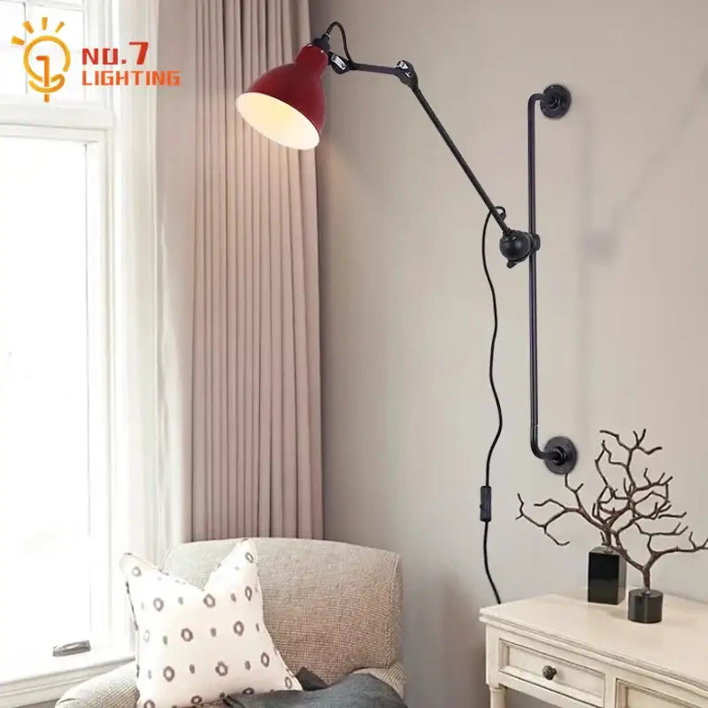 Red industrial-style wall lamp with black articulated arms decorbites adjustable rotating led for bedroom decor