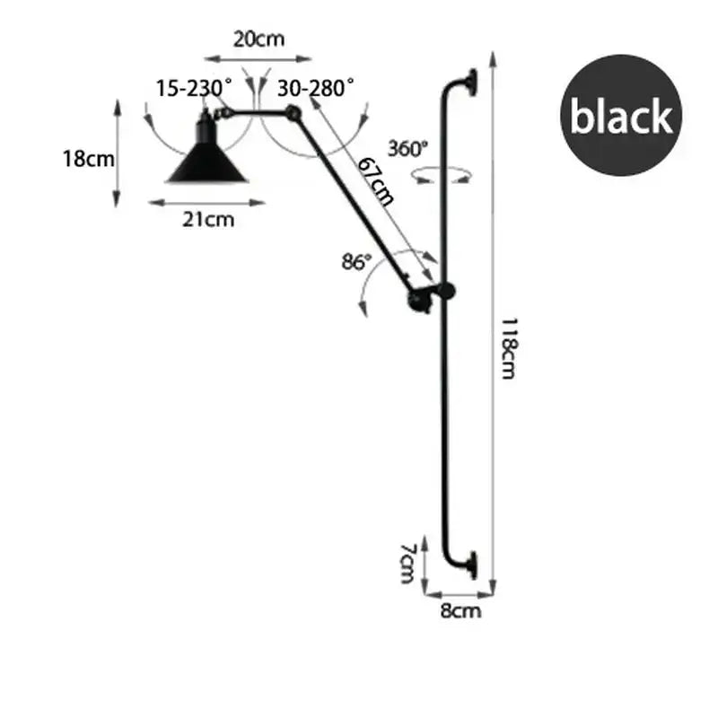 Black adjustable wall lamp with articulated arm and conical shade decorbites industrial iron swing for bedroom decor