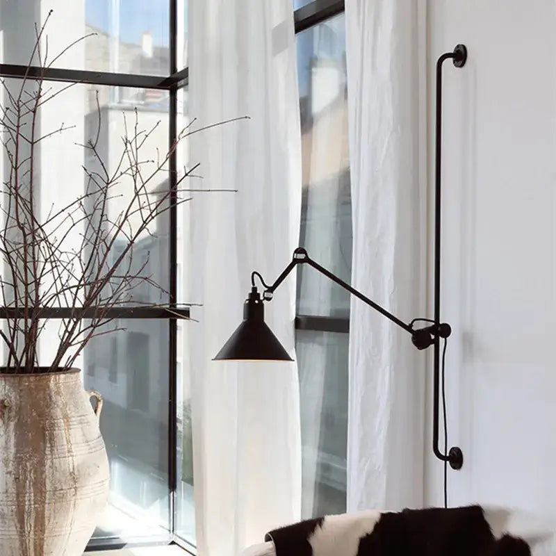 Industrial black and red swing arm wall lamp with conical shade and decorbites industrial iron swing finish for bedroom decor