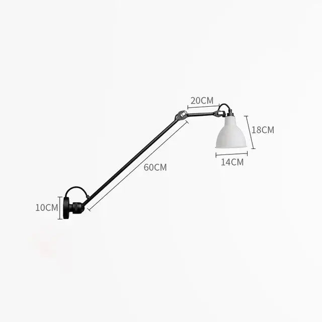 Black articulated wall lamp with white bell-shaped shade featuring decorbites industrial iron swing arm design for bedroom