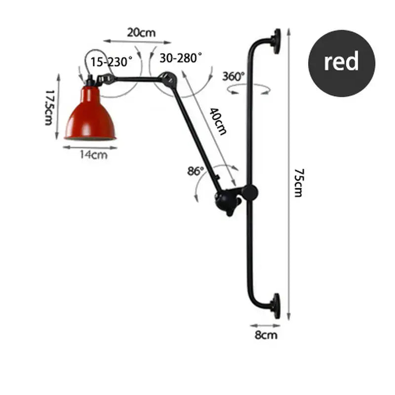 Red glossy-finished industrial iron swing arm wall lamp with articulated joints for bedroom decorbites industrial iron style