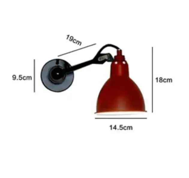Red and black decorbites industrial iron swing arm wall lamp featuring a circular base for bedroom use