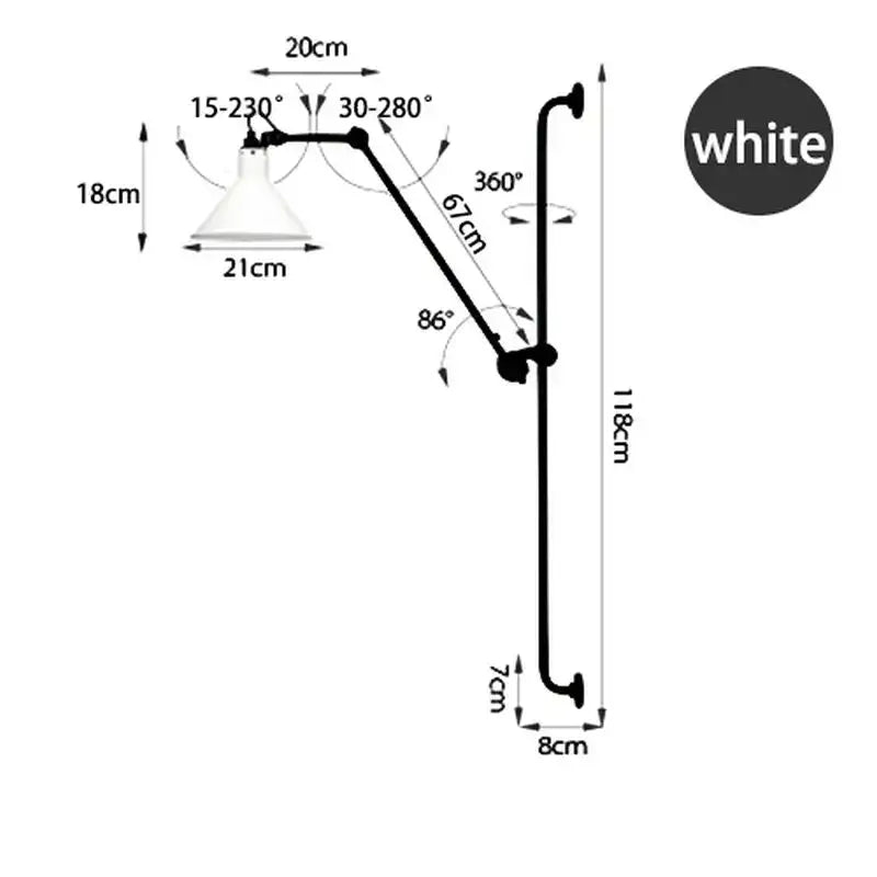 White adjustable wall lamp with articulated arm and conical shade featuring decorbites industrial iron swing design