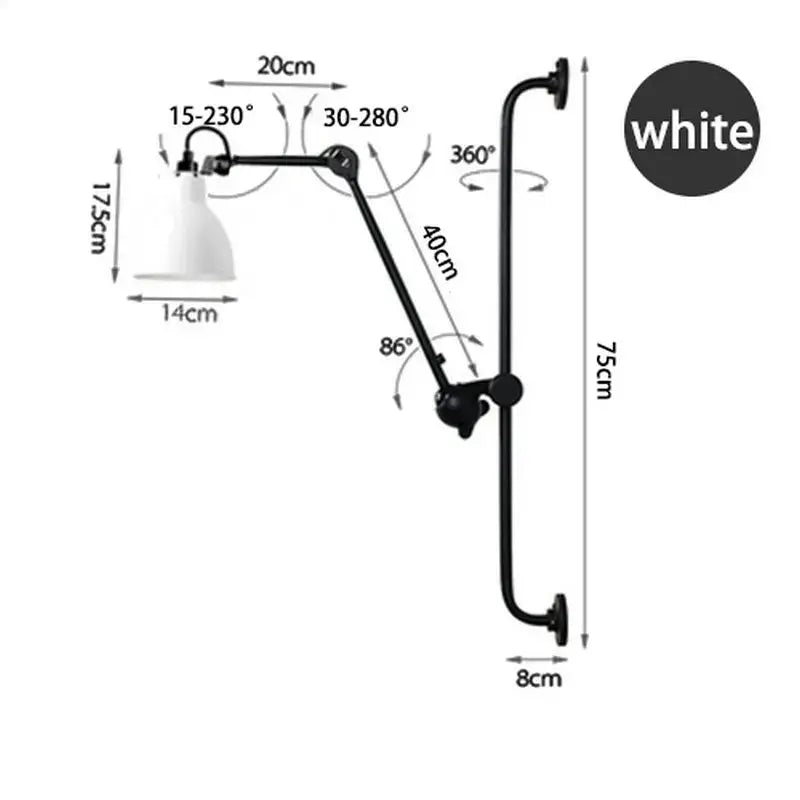 White adjustable wall lamp with articulated arm and flexible head for decorbites industrial iron swing bedroom use