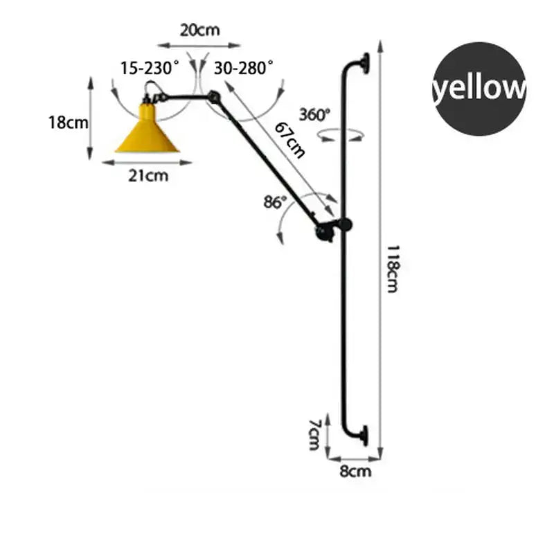 Yellow adjustable wall lamp with articulated arm and multiple rotation angles for decorbites industrial iron swing design