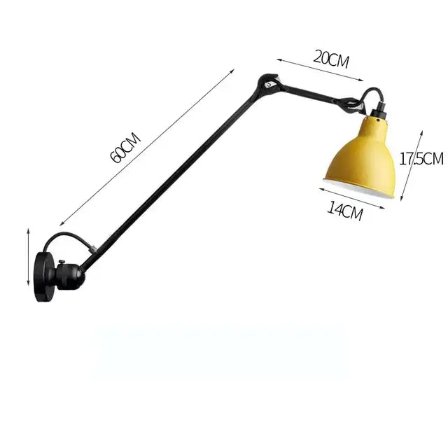 Yellow conical lampshade on black articulated arm wall lamp featuring decorbites industrial iron swing arm design for bedroom