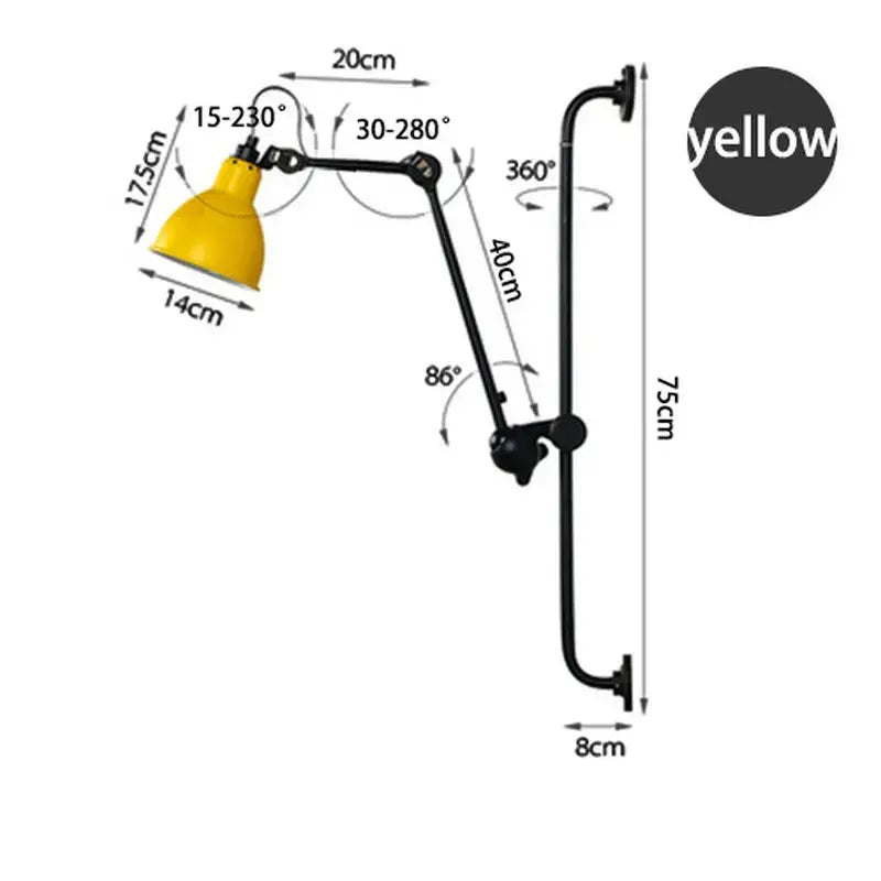 Yellow metal wall lamp with adjustable arms and curved base in decorbites industrial iron swing style for bedroom decor