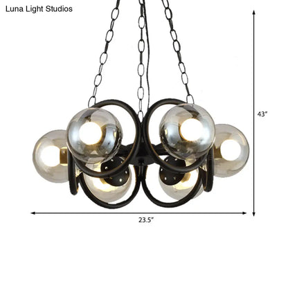 Industrial Black Ring Chandelier - Clear Glass 6-Light Hanging Lamp with Globe Shade for Living Room