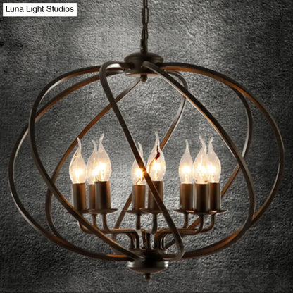 Industrial Black Round Cage Chandelier - 8-Light Pendant Light for Large Dining Rooms with Candle Decoration