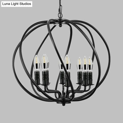 Industrial Black Round Cage Chandelier - 8-Light Pendant Light for Large Dining Rooms with Candle Decoration