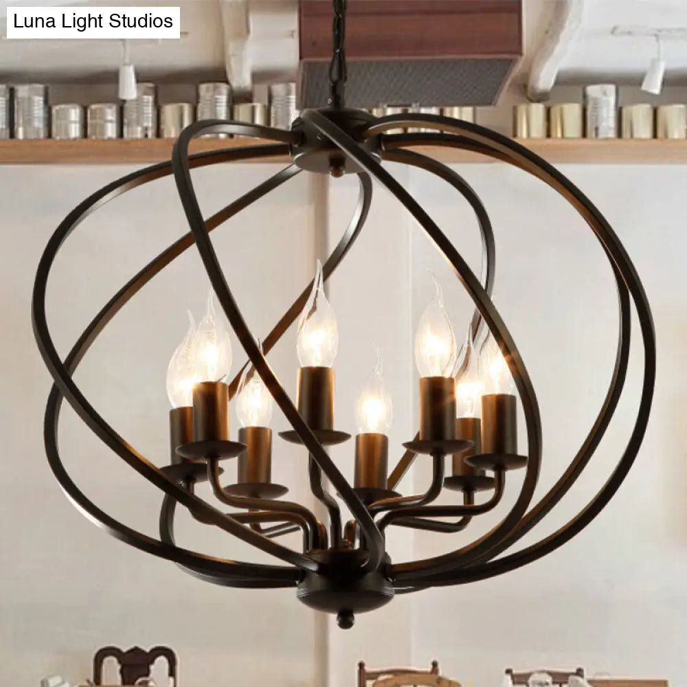 Industrial Black Round Cage Chandelier - 8-Light Pendant Light for Large Dining Rooms with Candle Decoration