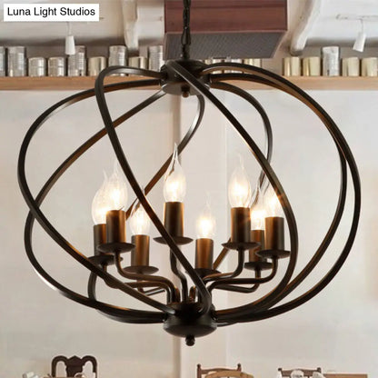 Industrial Black Round Cage Chandelier - 8-Light Pendant Light for Large Dining Rooms with Candle Decoration
