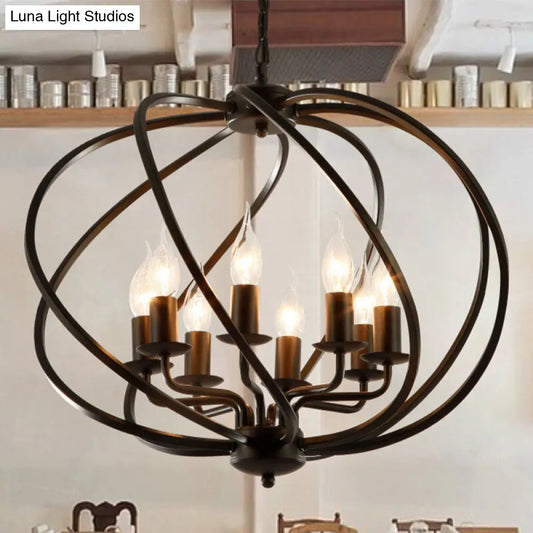 Industrial Black Round Cage Chandelier - 8-Light Pendant Light for Large Dining Rooms with Candle Decoration