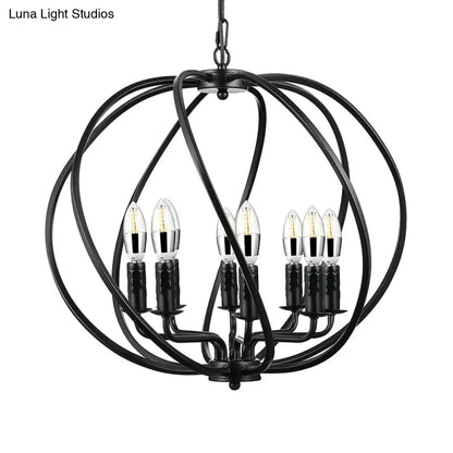 Industrial Black Round Cage Chandelier - 8-Light Pendant Light for Large Dining Rooms with Candle Decoration