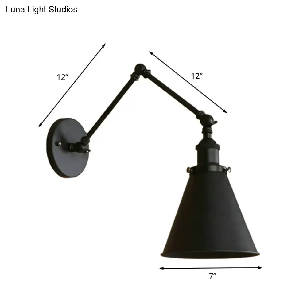 DecorBites™ farmhouse cone wall sconce in black rust iron with adjustable arms and conical shade for bedroom lighting