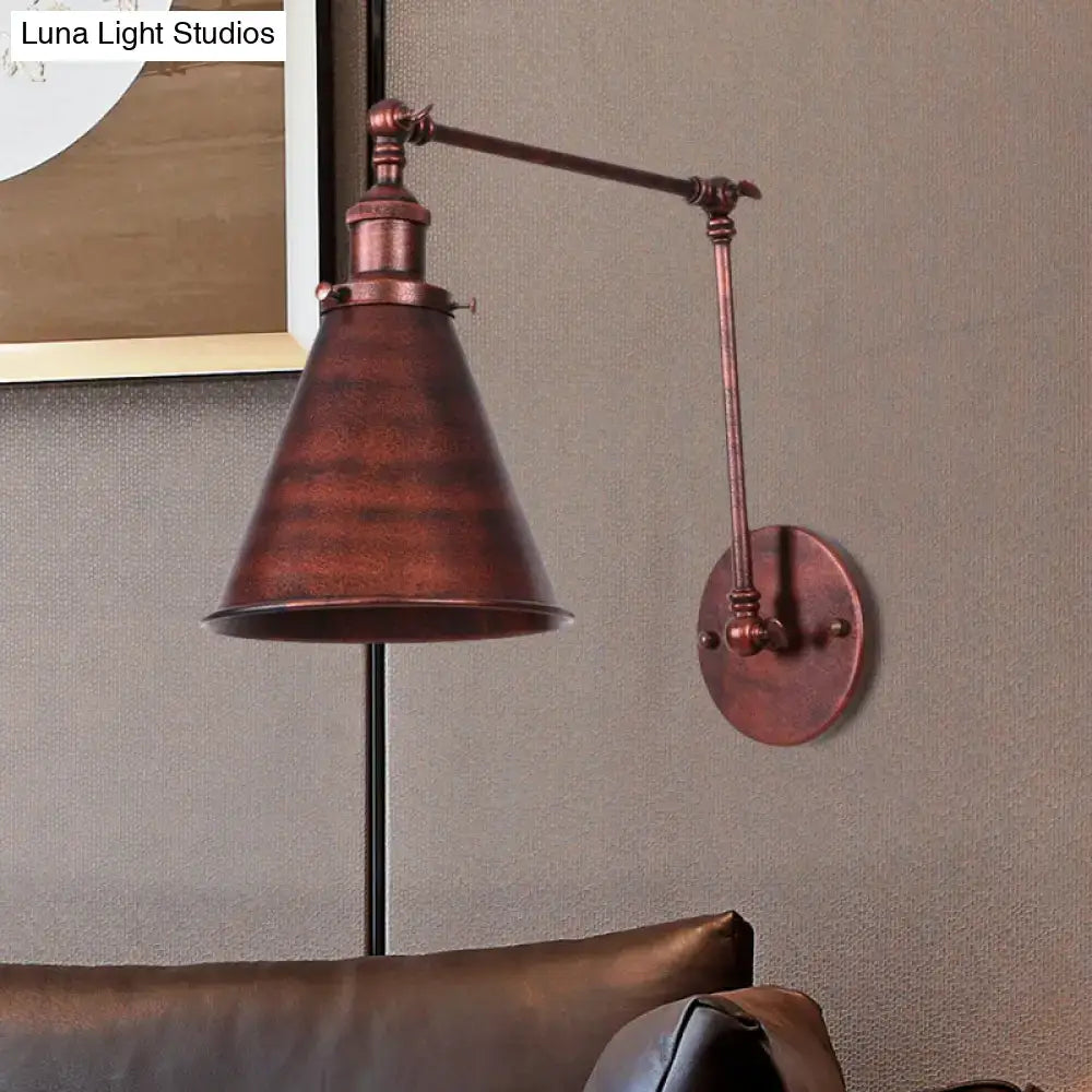 Copper-toned DecorBites™ farmhouse cone wall sconce with black rust iron articulated arm for bedroom lighting