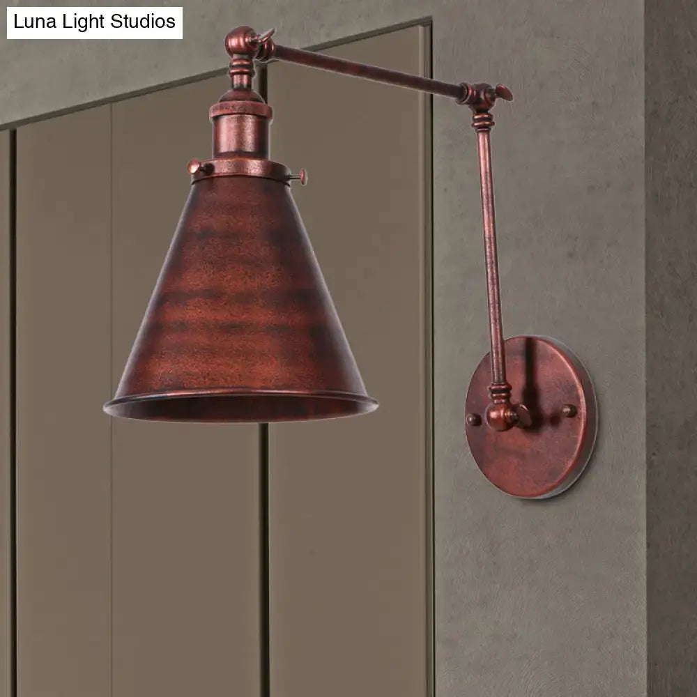 Decorbites™ farmhouse cone wall sconce in black rust iron with adjustable arm and conical shade for bedroom lighting