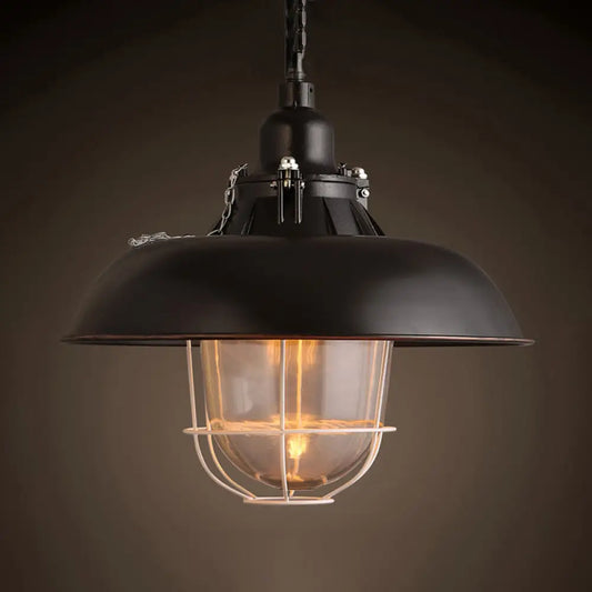 Industrial Black/Rust Metal and Glass Ceiling Light with Wire Cage - 1-Head Bowl Hanging Fixture for Restaurants