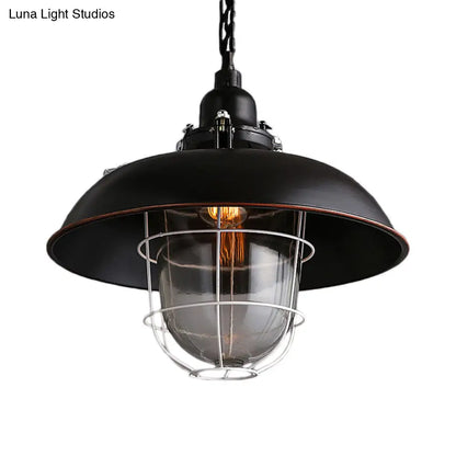 Industrial Black/Rust Metal and Glass Ceiling Light with Wire Cage - 1-Head Bowl Hanging Fixture for Restaurants