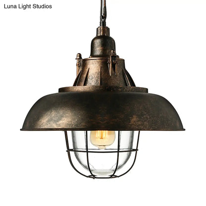 Industrial Black/Rust Metal and Glass Ceiling Light with Wire Cage - 1-Head Bowl Hanging Fixture for Restaurants