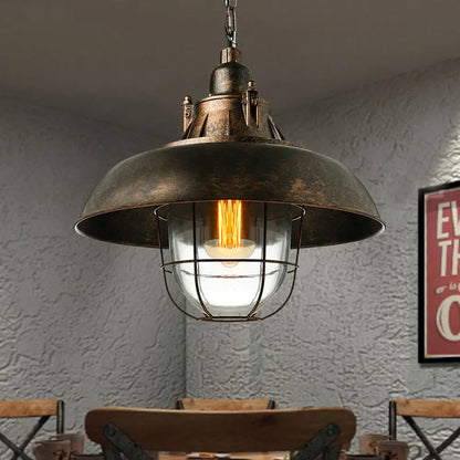 Industrial Black/Rust Metal and Glass Ceiling Light with Wire Cage - 1-Head Bowl Hanging Fixture for Restaurants