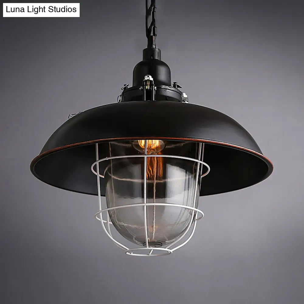 Industrial Black/Rust Metal and Glass Ceiling Light with Wire Cage - 1-Head Bowl Hanging Fixture for Restaurants