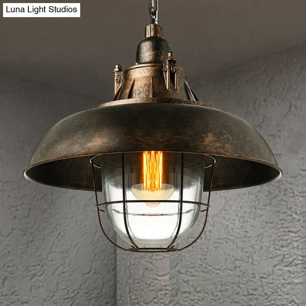 Industrial Black/Rust Metal and Glass Ceiling Light with Wire Cage - 1-Head Bowl Hanging Fixture for Restaurants