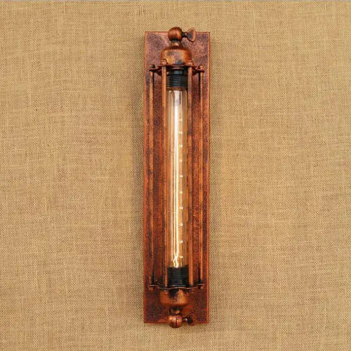 Rustic copper-colored industrial wall light with long glass tube and visible filament bulb for decorbites black rustic edison style