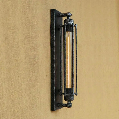 Industrial black rustic edison wall light featuring a black metal sconce with vertical bars and vintage edison bulb decorbites wall light