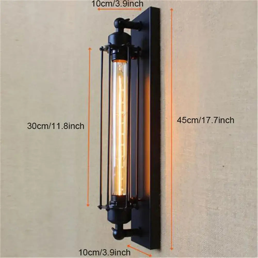 Industrial black rustic edison wall light with a vertical glowing bulb in a metal cage metal sconce for kitchen decorbites wall light