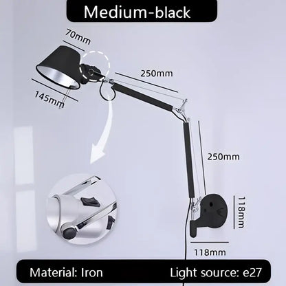 Industrial black silver wall lamp with medium black iron adjustable arm and e27 light source for bedroom reading decorbites industrial black