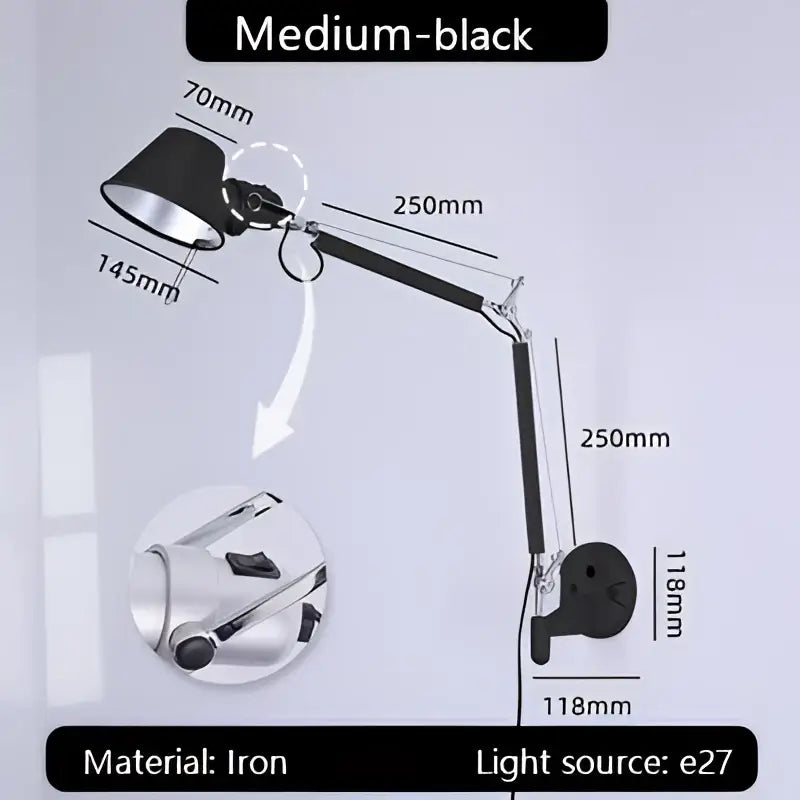Industrial black silver wall lamp with medium black iron adjustable arm and e27 light source for bedroom reading decorbites industrial black