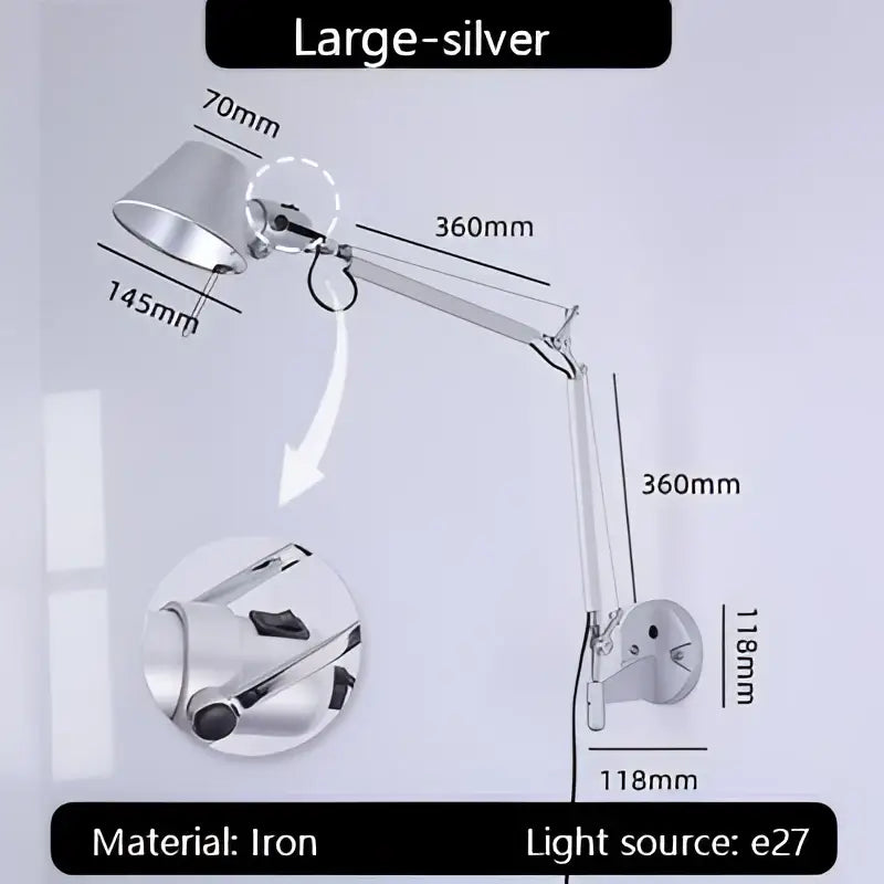 Large silver industrial black silver wall lamp with adjustable iron swing arm and E27 light source for bedroom reading