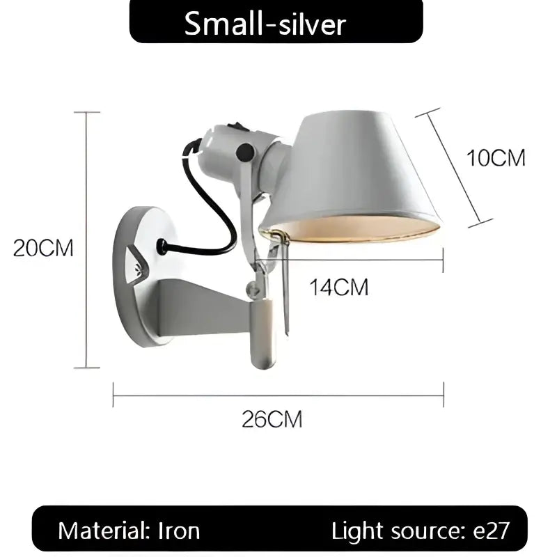 Small silver iron wall lamp with adjustable arm and conical shade decorbites industrial black silver bedroom light
