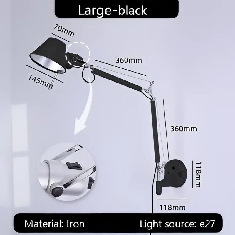 Industrial black silver wall lamp with adjustable swing arm and curved head for bedroom reading decorbites industrial black
