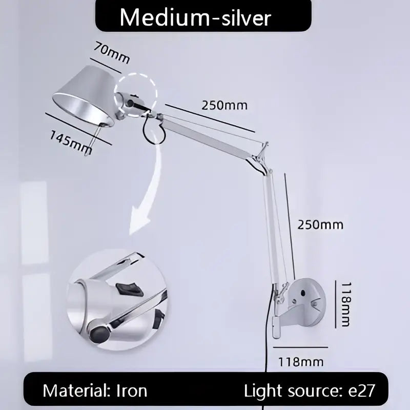Medium silver adjustable industrial black silver wall lamp with articulated iron arm for bedroom reading decorbites industrial black
