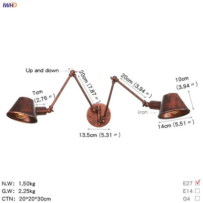 Copper-finished iron wall light with two adjustable arms and conical shades for decorbites black single swing use