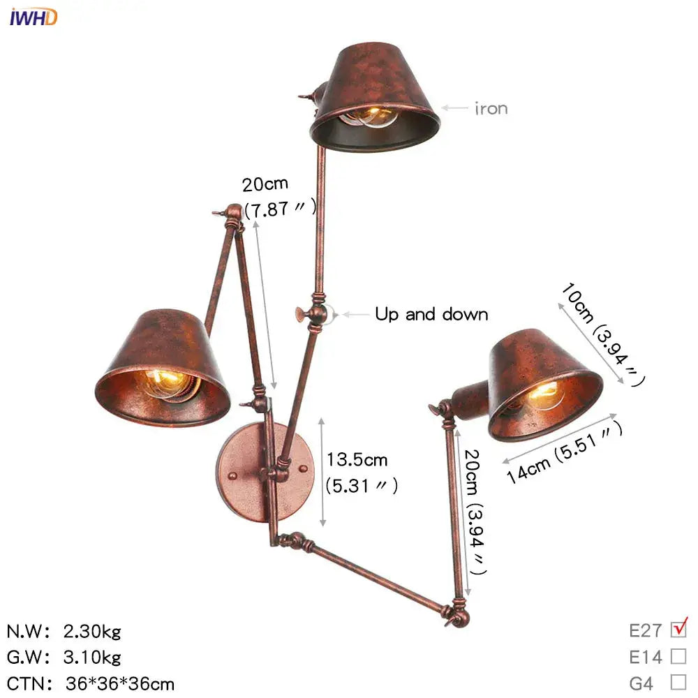 Copper-finished industrial wall light with three adjustable arms and conical shades for decorbites black single swing use
