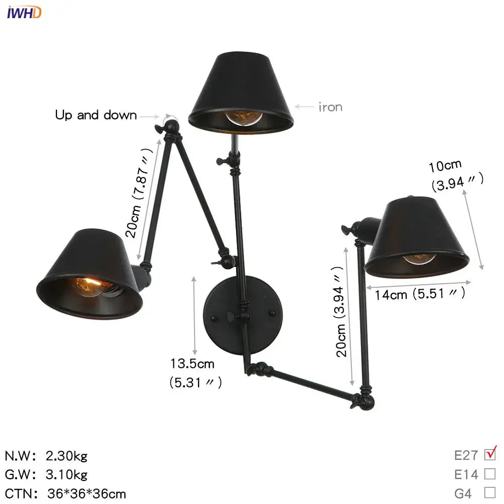 Industrial black single swing arm wall light with black iron adjustable arms and conical shades for bedroom decorbites