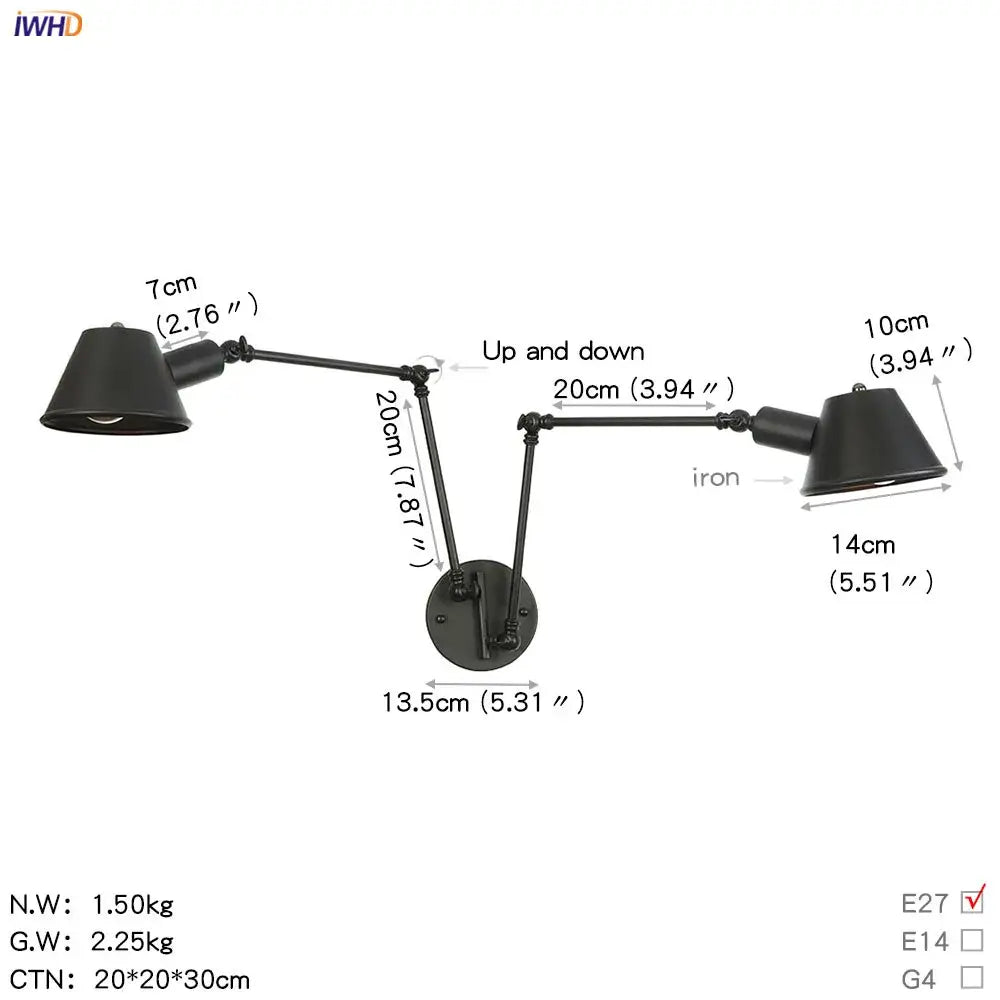 Black iron double-arm wall light with adjustable downward-facing conical shades decorbites black single swing arm