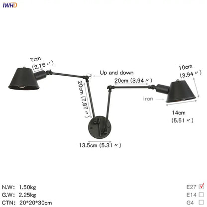 Black iron double-arm wall light with adjustable downward-facing conical shades decorbites black single swing arm