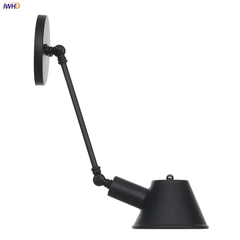 Industrial black single swing arm wall light with black matte finish conical shade and adjustable articulated arm