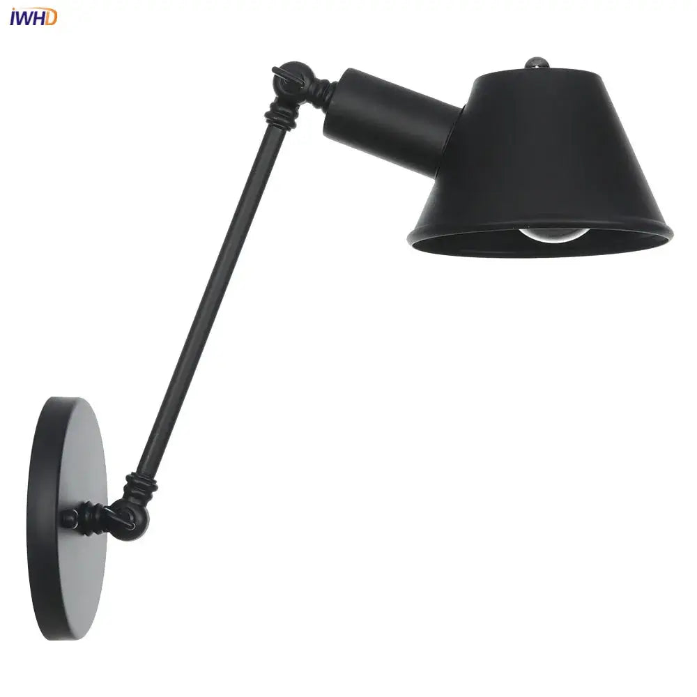 Industrial black single swing arm wall light with black matte finish and conical shade for bedroom decorbites wall light