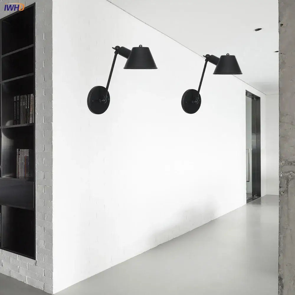 Industrial black single swing arm wall light with adjustable arms and conical shades for bedroom decorbites black single
