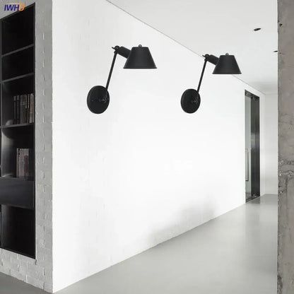 Industrial black single swing arm wall light with adjustable arms and conical shades for bedroom decorbites black single