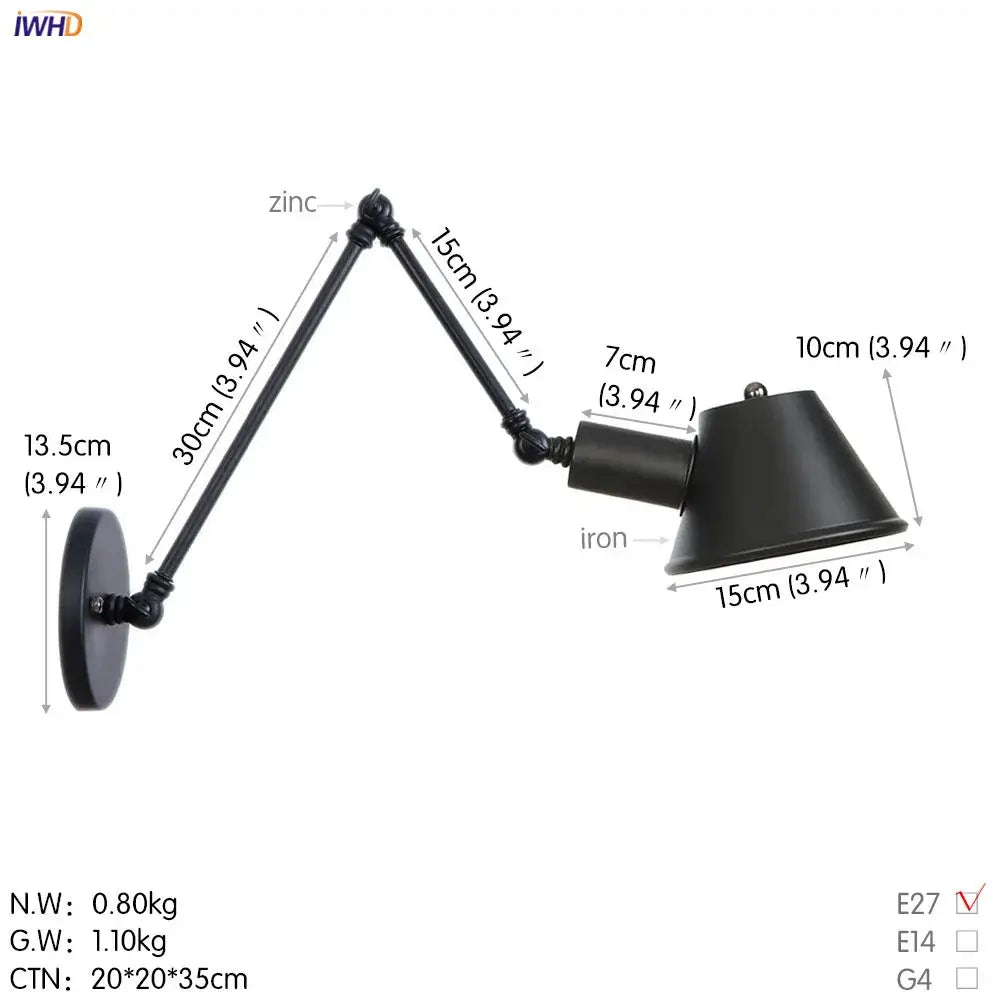 Industrial black single swing arm wall light in wrought iron and zinc with adjustable conical shade for bedroom decorbites black single